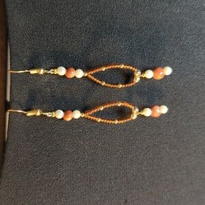 Goldstone Earrings brown hand crafted beaded faux pearl gold hook 3" drop
